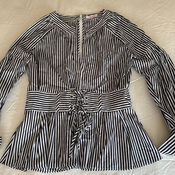 Parker Elena Pinstripe Blouse with Long  Sleeve & Corset Lacing. Size Medium. - Picture 6 of 9